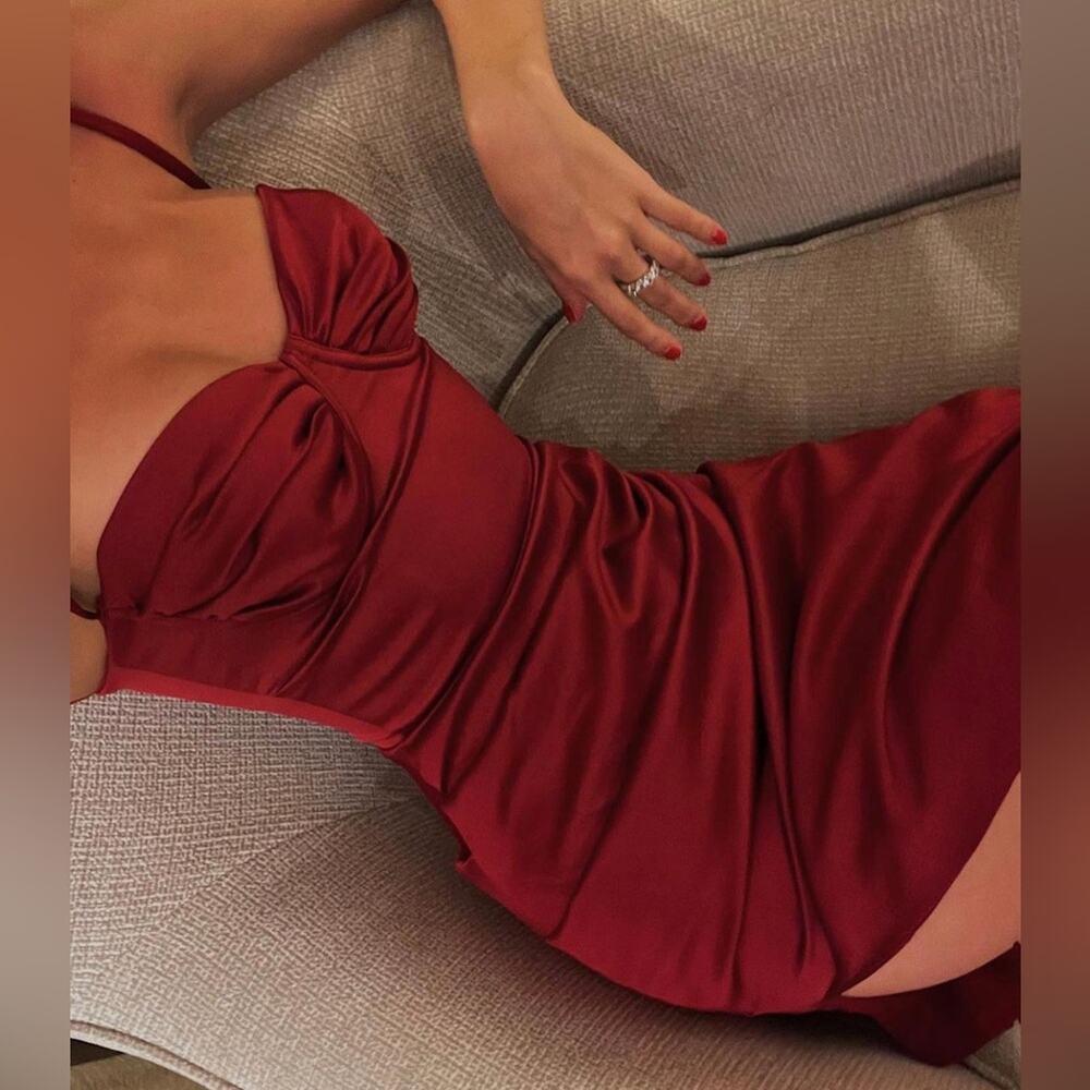 House of CB Flora Wine Satin Pleated Corset Midi Dress XL